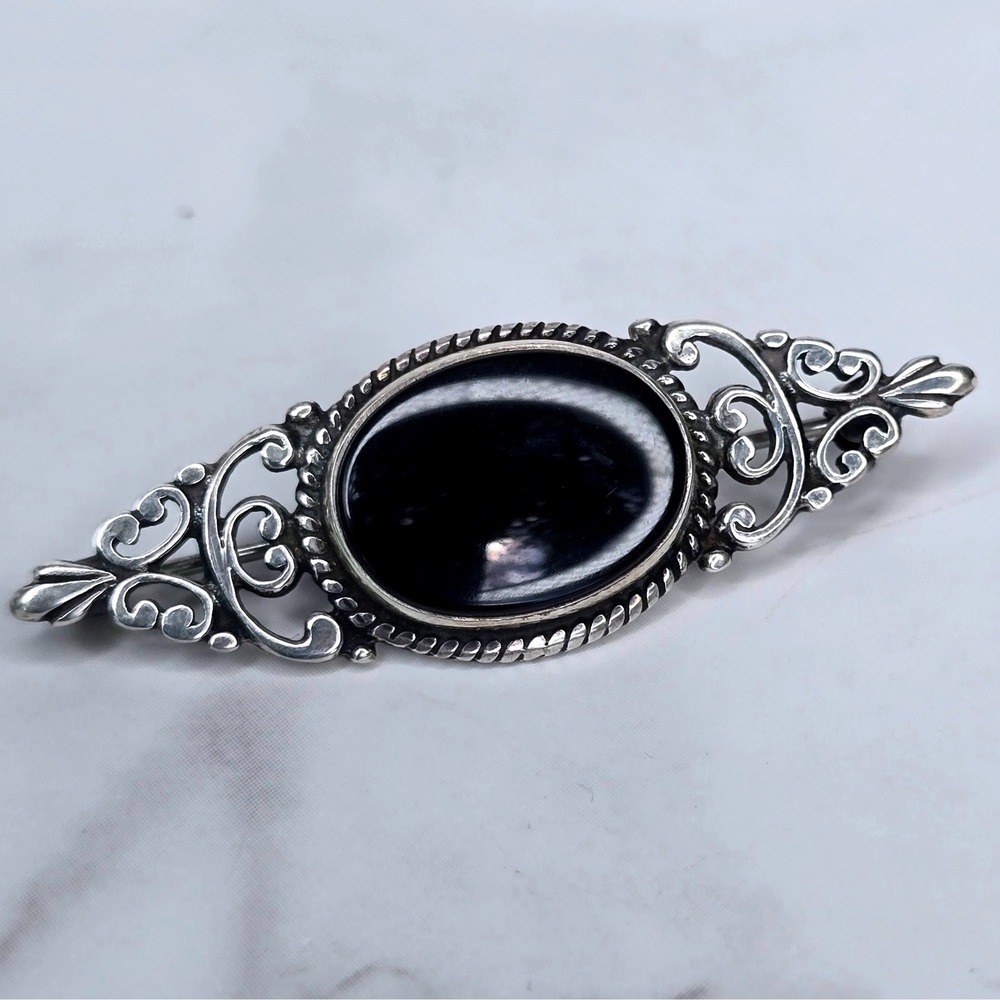 Vintage Sterling Silver Black Onyx Filigree Brooch Pin 925 Oval Cabochon 4.2g